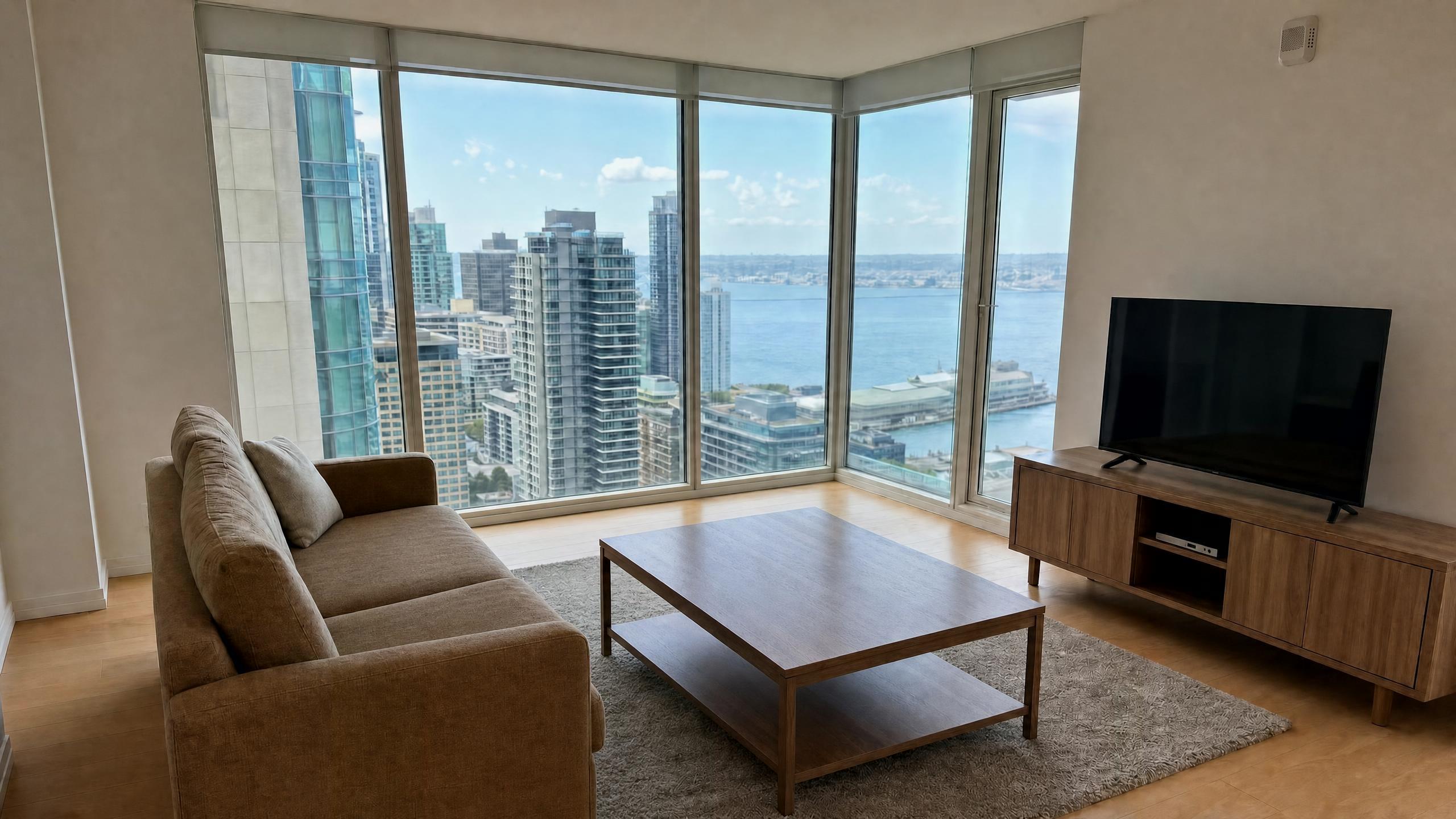 Same apartment living room, decluttered