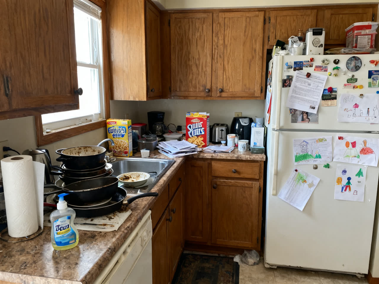 Busy kitchen counters, cleared — before
